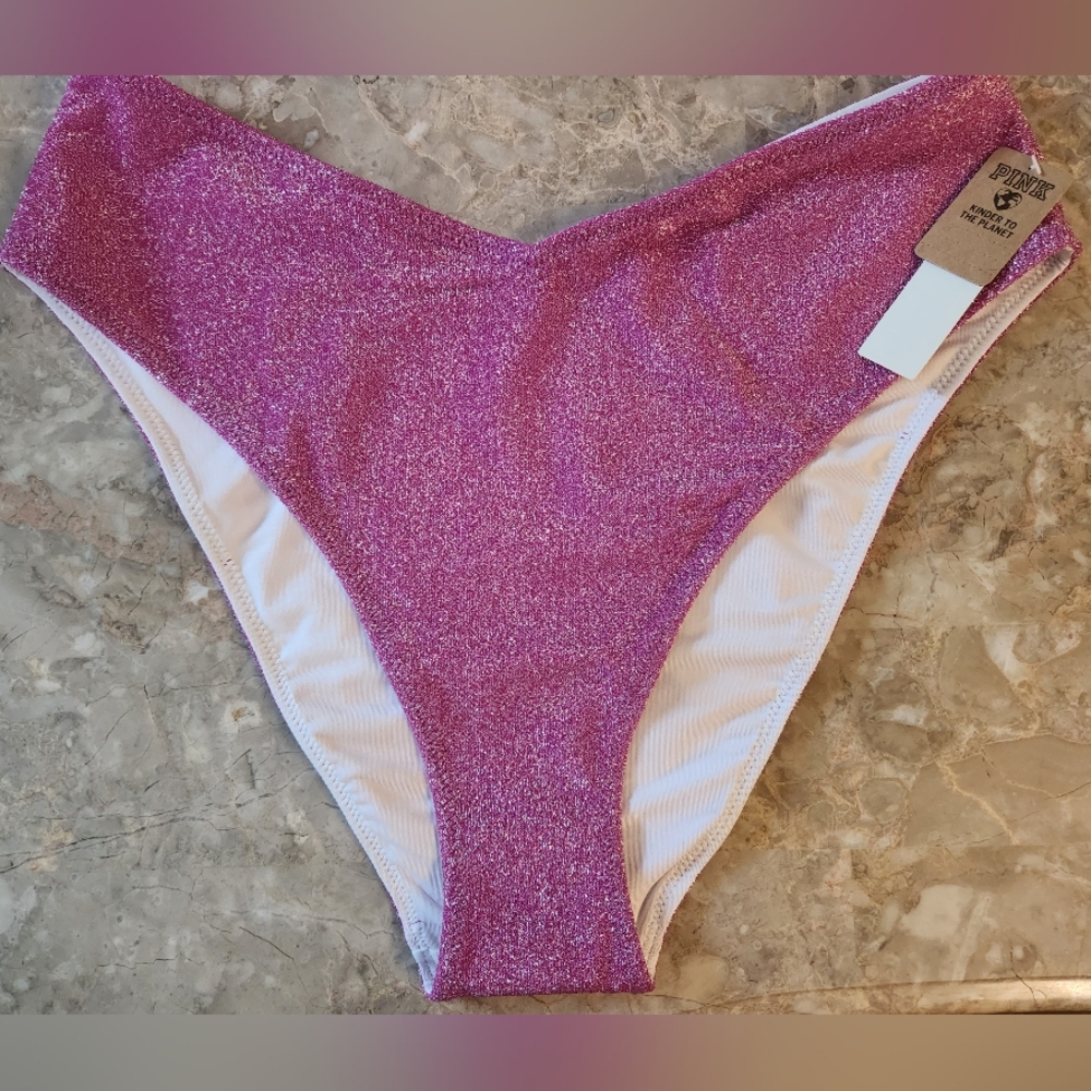 XS M PINK Swim Shimmer High Waist Cheeky Bikini Bottom - Picture 2 of 7